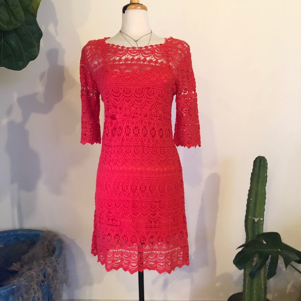 Red Solitaire Dress with Crochet Shell